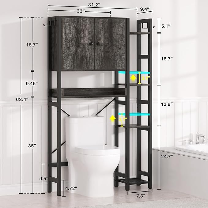 Over The Toilet Storage Cabinet with Doors - 7 Tier Bathroom Organizer with Adjustable Shelf, Freestanding Space Saver Rack Above Toilet Stand with 4 Hooks for Bathroom, Restroom, Laundry, Grey Oak