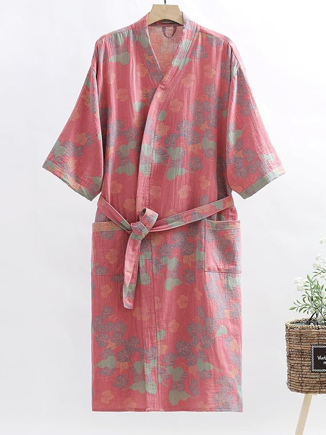 Women Cotton Double Gauze Jacquard Kimono Robe Bathrobe with Belt Pocket Comfortable Loungewear Yukata Sleepwear