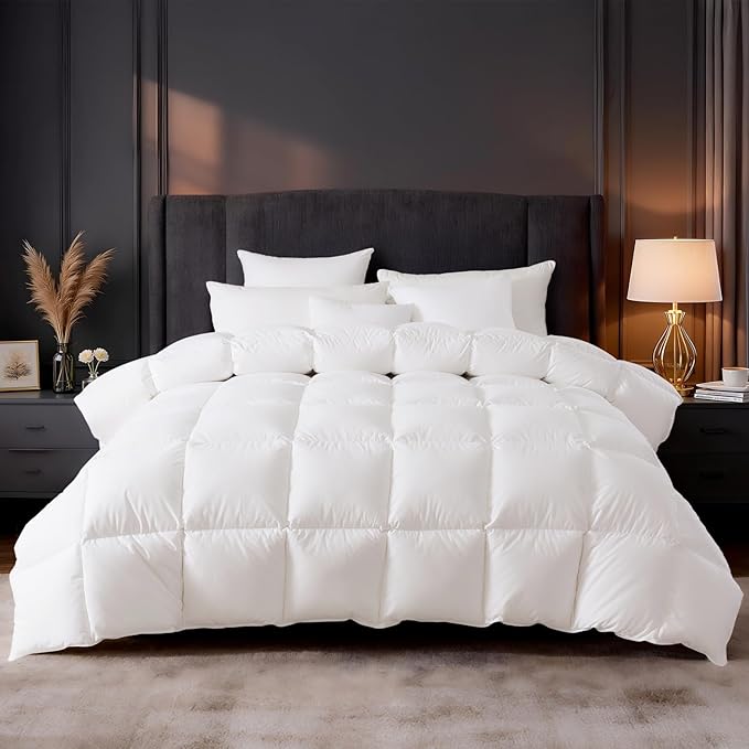DROVAN Goose Feather Down Fiber Comforter Oversized King Size - 100% Cotton Duvet Insert with 8 Corner Loops - Luxurious All-Season Hotel Collection, 116x98 Inch