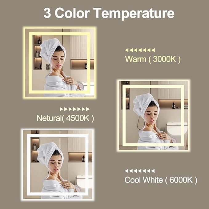 28 X 28 Inch Square LED Bathroom Vanity Mirror, 3 Colors Light Dimmable, Wall Mounted Memory Lighted Makeup Mirror with Anti-Fog Touch Switch (Front-lit&Backlit)
