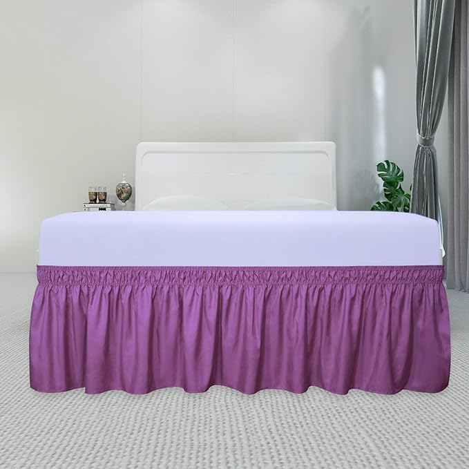 PureFit Wrap Around Ruffled Bed Skirt with Adjustable Elastic Belt - 18 Inch Drop Easy to Put On, Wrinkle Free Bedskirt Dust Ruffles, Bed Frame Cover for Queen, King and C-King Size Beds, Purple