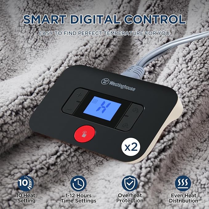 Westinghouse Electric Blanket Queen Size, Soft Plush Sherpa Heated Blanket with 10 Heating Levels & 1-12 Hours Auto-Off, Machine Washable, 84x90 inches, Charcoal