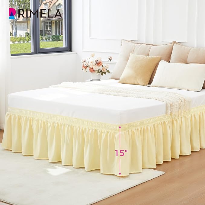 RIMELA Full Bed Skirt 15 Inch Drop, Wrap Around Elastic Bedskirt Solid Microfiber Luxury Hotel Quality Fabric, Easy to Install Machine Washable Wrinkle & Fade Resistant, Beige Yellow