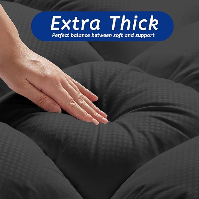 Twin Size Mattress Topper for Back Pain, Cooling Extra Thick Mattress Pad Cover with 8-21 inch Deep Pocket, Plush Pillow Top Mattress Topper Overfilled with Down Alternative, Twin Size, Black