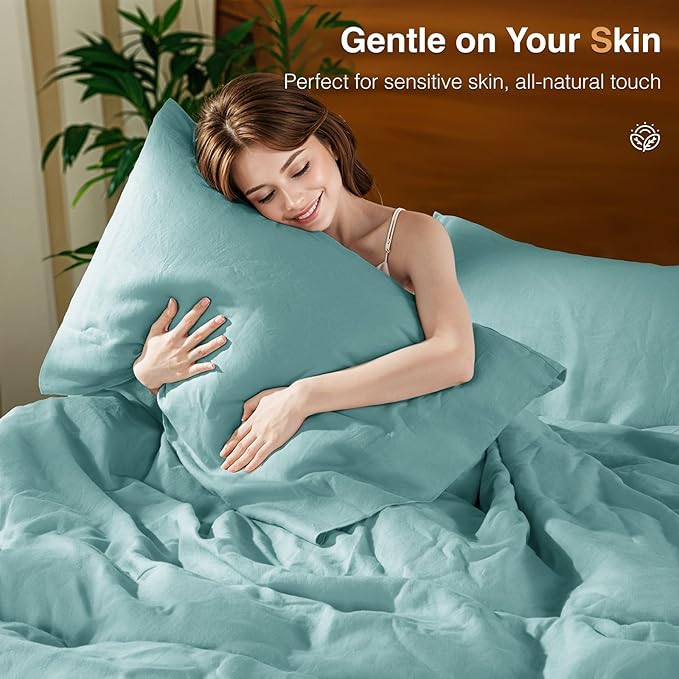 SONORO KATE 100% French Linen Duvet Cover King Size, Soft Breathable for Hot Sleepers, Moisture Wicking & Durable Cover Set - Zipper Closure & 4 Corner Ties Duvet Covers 3 Piece (Aqua,King)