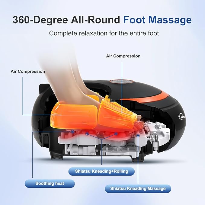 Shiatsu Foot Massager Electric Feet Massage Machine Deep Kneading Relief for Plantar Fasciitis, Air Compression, 3 Heat Levels Relax for Home Office Use, Christmas Gifts for Women Mom Dad Black