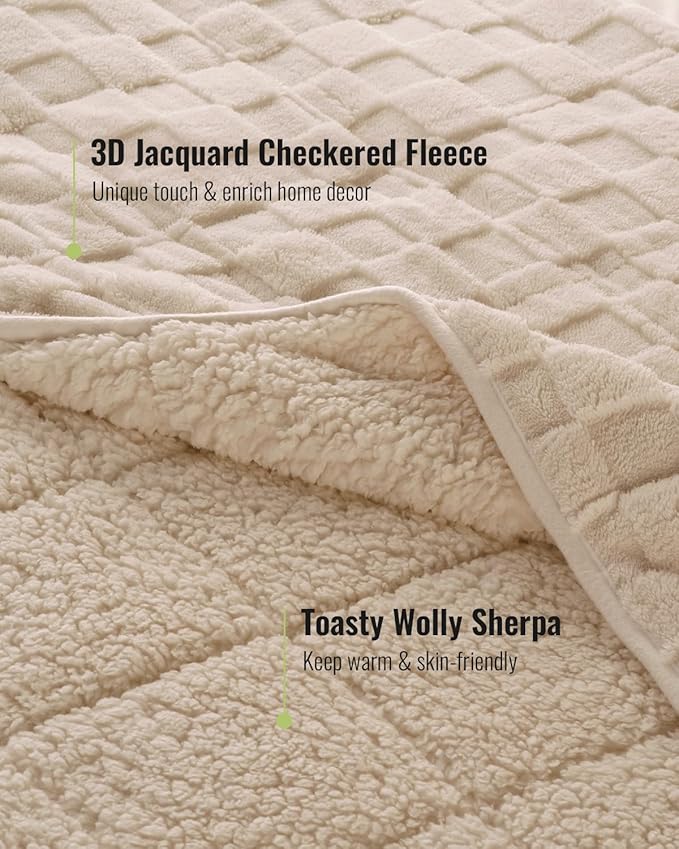 Uttermara Sherpa Fleece Weighted Blanket Queen Size(20lbs, 60" x 80", Khaki), 3D Jacquard Checkered Warm Sherpa Heavy Blanket for Adults, Soft Fuzzy Weighted Blankets for Couch Bed Sofa