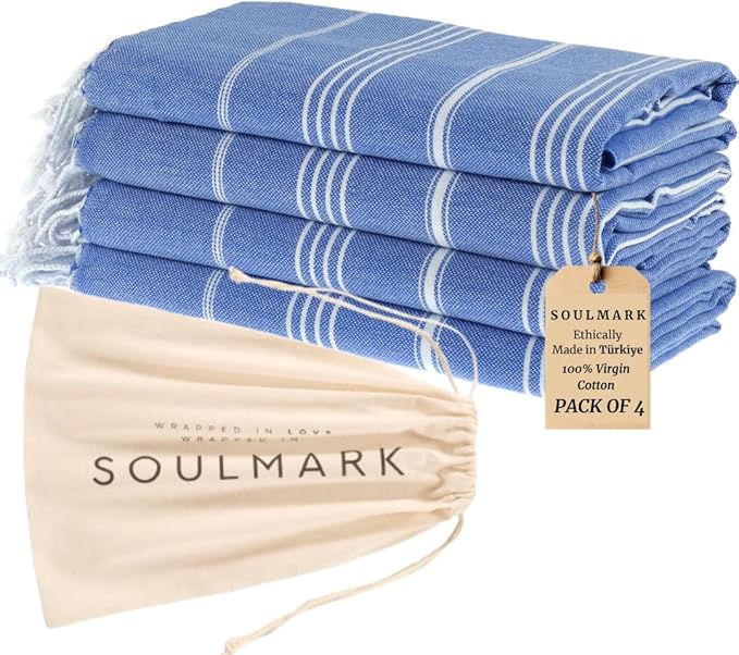 SOULMARK 100% Cotton Turkish Beach Towel with Bag - 38"x71" - 4 Pack - Made in Green & Oeko TEX Certified - Pre-Washed and Sand Free - Quick Dry and Lightweight for Travel - Made in Turkey - Sax Blue
