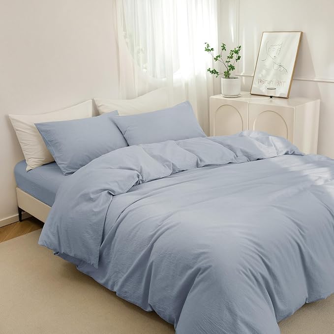 JIYUAN 100% Washed Cotton Duvet Cover Set 3 Pieces Cal King, 1 Duvet Cover 104x98 Inches(Comforter Not Included) and 2 Pillowcases,Linen Feel Bedding Set Comfy and Breathable, Heathered Light Blue