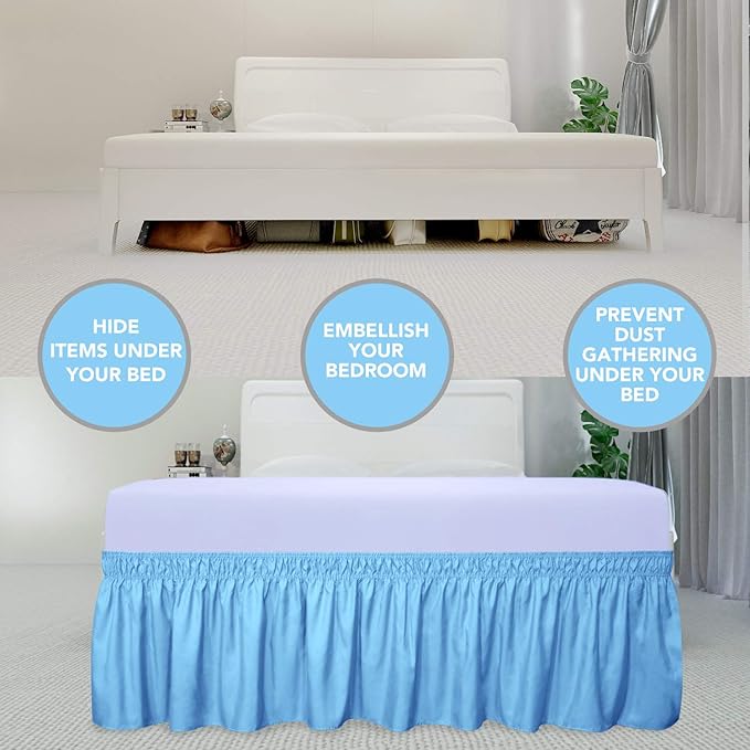 PureFit Wrap Around Ruffled Bed Skirt with Adjustable Elastic Belt - 22 Inch Drop Easy to Put On, Wrinkle Free Bedskirt Dust Ruffles, Bed Frame Cover for Twin,Twin XL and Full Size Beds, Light Blue