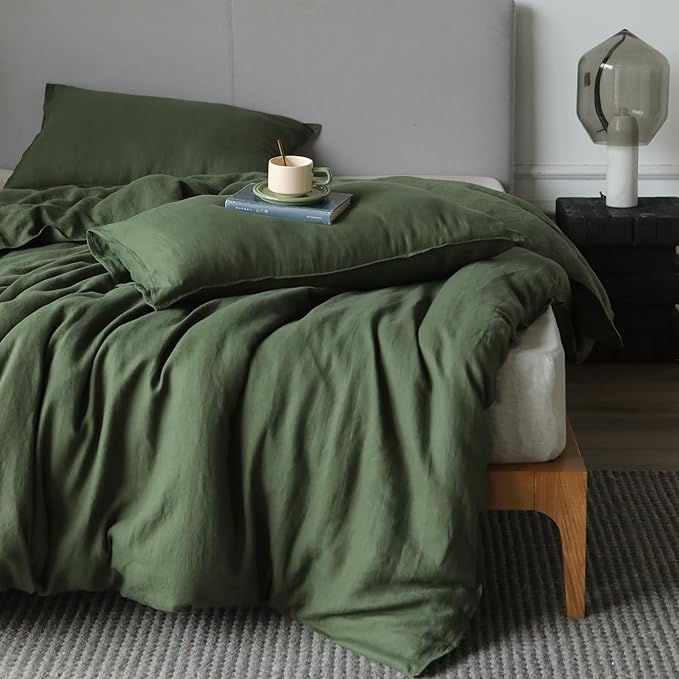 XZ XIFA Green Linen Duvet Cover Full, 100% Washed French Flax Linen Bedding Set with Zipper Closure, Cooling & Textured Bed Sets for Hot Sleepers(1 Duvet Cover, 2 Pillowcases)