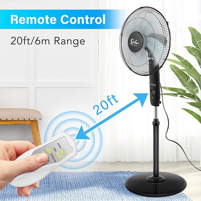 Simple Deluxe Pedestal Stand Fan with Remote Control for Indoor, Bedroom, Living Room, Home Office & College Dorm Use,3 Speed, Black, 16 Inch