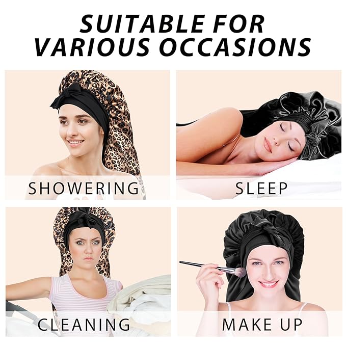 2Pcs Bonnets for Black Women Braid Bonnet, Large Long Satin Bonnet for Braids, Silk Bonnet with Stretchy Tie Band Sleep Cap Hair (2Pcs-Black&Leopard)