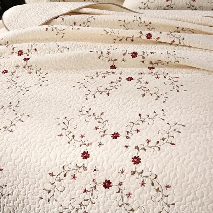 Quilt Set Floral Leaves 3D Embroidery Pattern 2 PCS Cotton Reversible Quilted Embroidered Decorative Bedspreads Coverlet Set, Lightweight &Soft Queen Size Beige Bedding Coverlet for All Season