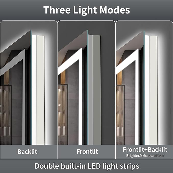 LED Mirror for Bathroom, 48x36 Inch Backlit + Front Lighted Bathroom Vanity Mirror with Lights for Wall, Double Light Strips, 3 Colors, Shatter-Proof, Anti-Fog and Brightness Memory