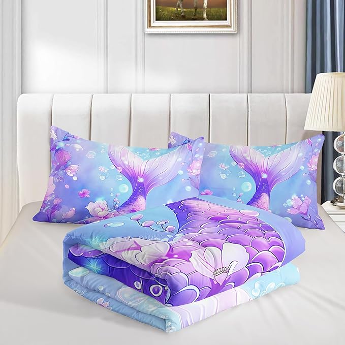Pretty Mermaid Comforter Queen for Girls Kids, Mermaid Fish Scale Floral Pattern Bedding for Girls Bedroom Decor, Ocean Themed Comforter Bedding Set with 2 Pillowcases