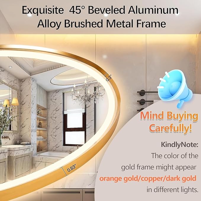 48" x 24" Oval LED Bathroom Mirror with Lights, Gold Metal Framed Anti-Fog LED Vanity Mirror, Lighted Bathroom Mirrors Wall Mounted, Stepless Dimmable, Shatter-Proof, Horizontal/Vertical