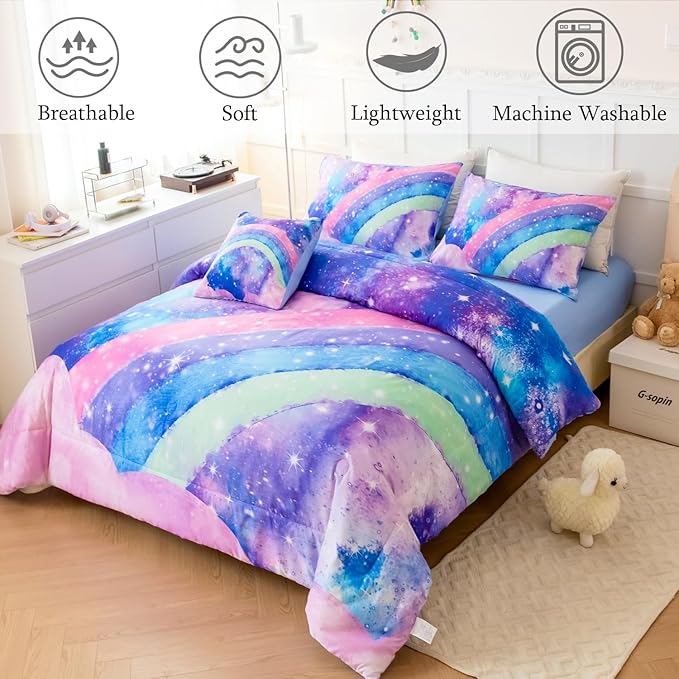 ANGIYUIN Tie Dye Blue Twin Size Comforter Sets for Kids Girls 6 Pieces Colorful Rainbow Bed in A Bag Pastel Gradient Galaxy Bedding Sets with Sheets, Comforter and Pillowcases for Teens Kids