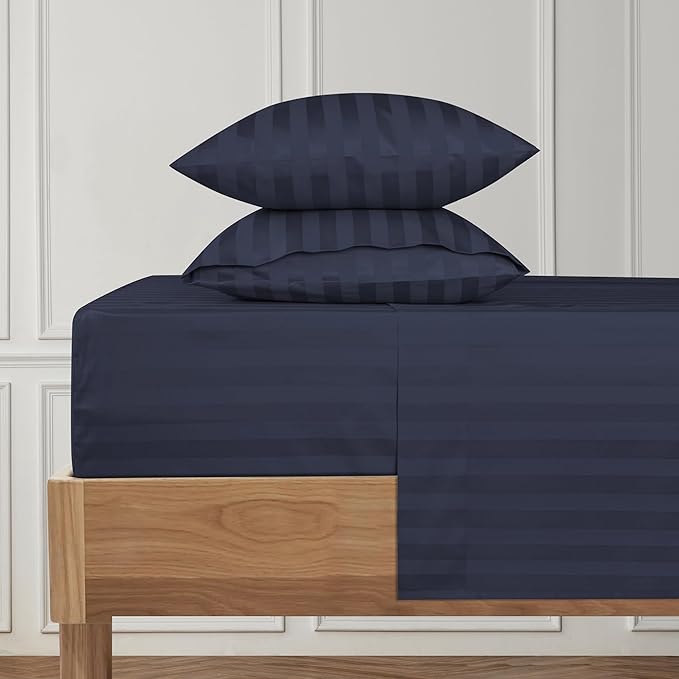 URBANHUT 1000 Thread Count Damask Striped King Sheet Set Egyptian Cotton Sheets, Long Staple Soft & Breathable, 4 Pcs Bed Sheet Sets, Luxury Hotel Sateen Sheets Fits 16" Deep Pocket - Navy Blue