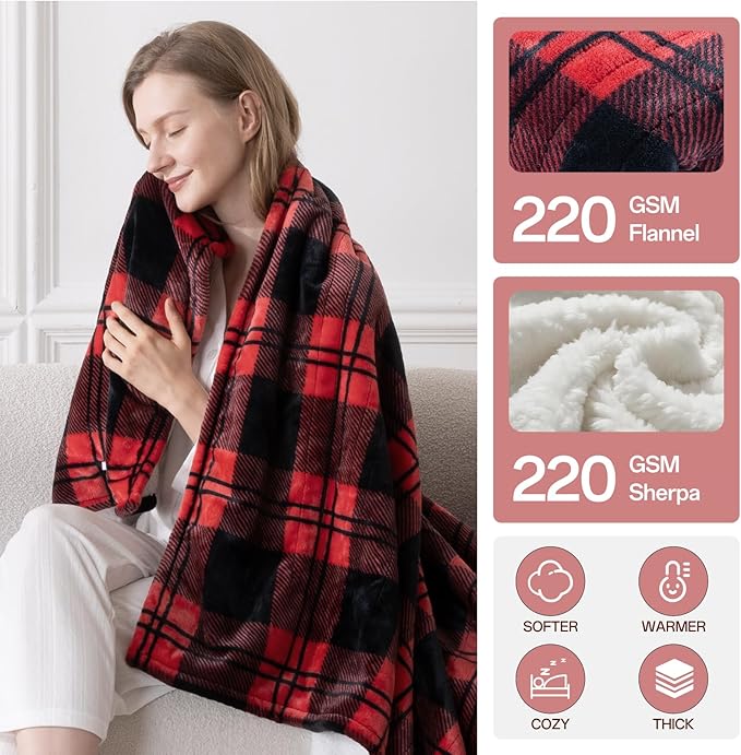 Heated Blanket Electric Throw, Heating Throw with 8 Fast Heating Levels/8 Hours Auto Off, Red Black Plaid Checkered Sherpa Blanket Warmer for Adults, Washable Blanket Gift for Couch Bed (50x60 inches)
