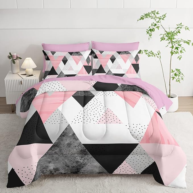 Twin Size Comforter Set - 7 Piece Pink & Gray Triangle Geometric Bedding, Ultra Soft Microfiber, Modern Aesthetic, All Season