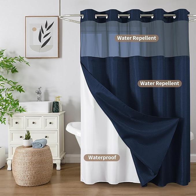 Colorful Star No Hook Shower Curtain with Snap in Fabric Liner, Waffle Weave Heavy Duty Thick Shower Curtains with Mesh Top Window, Hotel Style Waterproof Bathroom Curtain Set, 72 x 87 Inch, Navy Blue