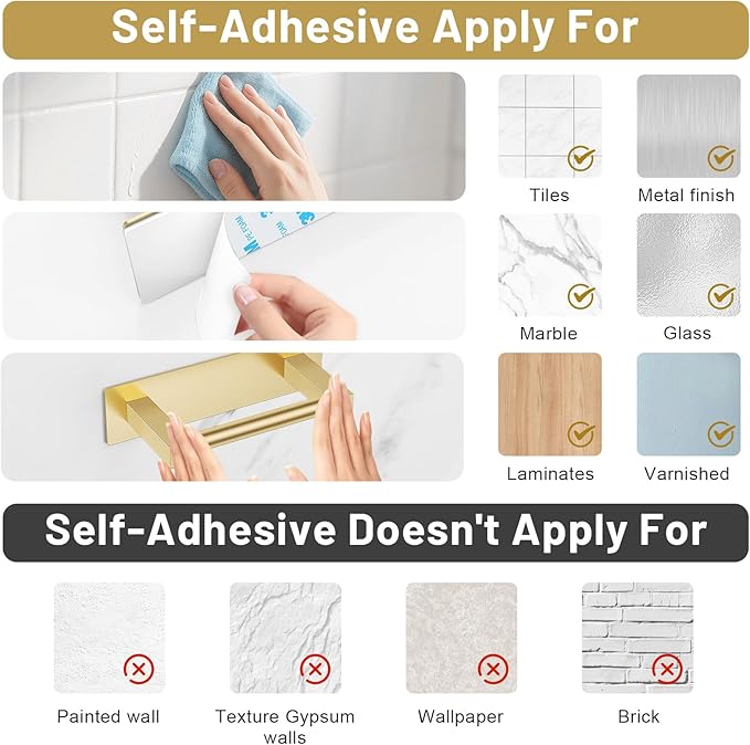 Brushed Gold Self Adhesive Toilet Paper Holder, Stainless Steel Bathroom Toilet Paper Holder Stick On Wall Mount, Commercial Toilet Paper Dispenser Peel and Stick Toilet Paper Holder Adhesive