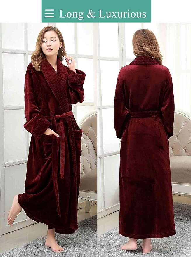 Artfasion Womens Long Fleece Robe - Warm Soft Floor Length Flannel Bathrobes for Winter Thicker Long House Coat with Pockets