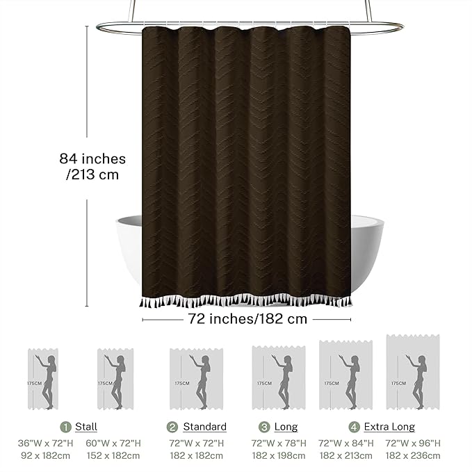 Extra Long Boho Shower Curtain, Woven Fabric 84 in Brown Shower Curtain, 72 x 84, Tufted Chevron Striped Modern Chic Textured Minimalist Bathroom
