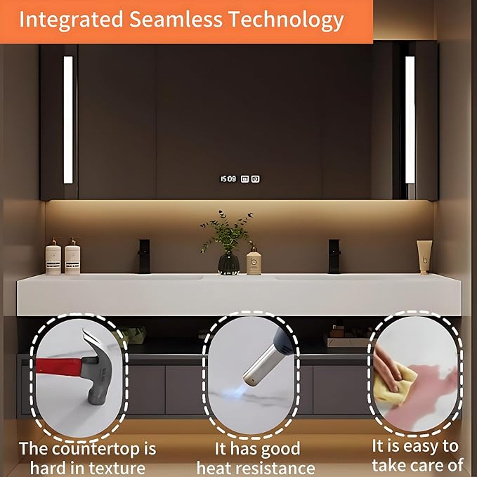 64IN Bathroom Vanity Double Sink - Double Sink Bathroom Vanity Set Include Smart Defogging Bathroom Mirror Cabinet with LED Light Strips, Abundant Storage Space with 3 Drawers (Mirror)