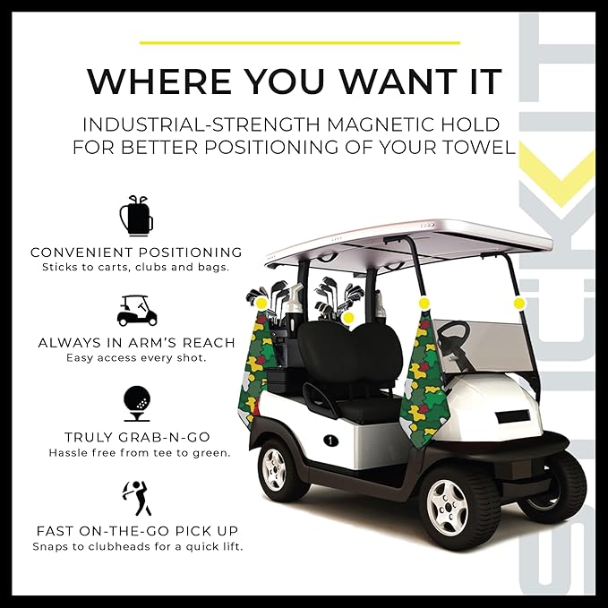 STICKIT Magnetic Golf Towel, Camo Augusta Green | Top-Tier Microfiber Golf Towel with Deep Waffle Pockets | Industrial Strength Magnet for Strong Hold to Golf Carts or Clubs | Golf Greens Camo