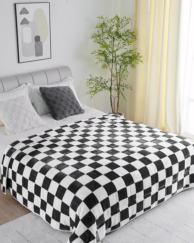 Uttermara Weighted Blanket Full Size(12lbs, 48" x 72", Plaid Black), Double Side Premium Soft Flannel Fleece Weighted Throw Blanket, Reversible Checkerboard Print Heavy Blanket for Adults Couch Bed
