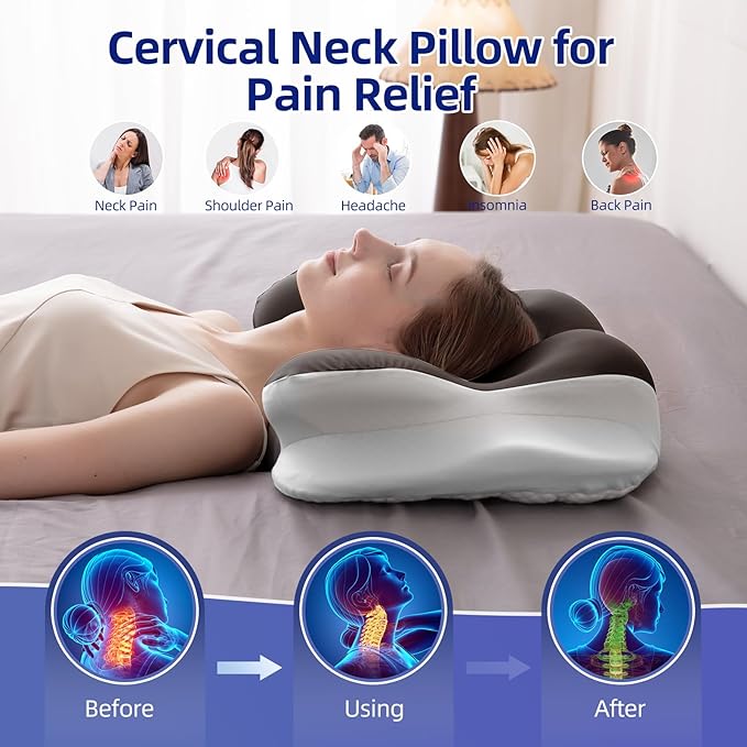 Cervical Neck Pillow for Sleeping, Dual-Height Contour Pillow for Neck Pain Relief, Butterfly Ergonomic Memory Foam Neck Support Pillow with Cooling Breathable Cover for Side Sleepers, Queen Brown