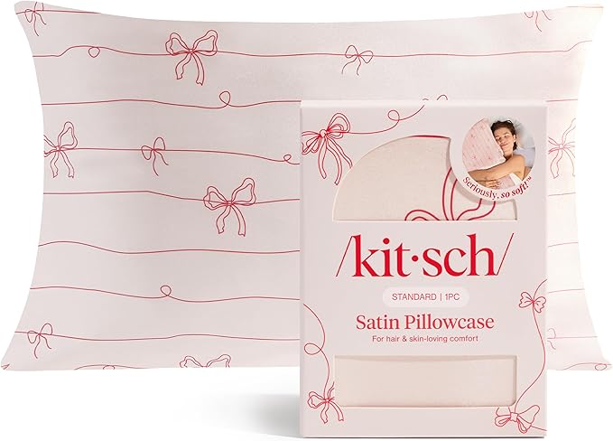 Kitsch Satin Pillowcase, Softer Than Silk Pillow Cases Queen, Cooling Pillow Covers, Satin Pillowcase w/Zipper for Hair, Skin & Quality Sleep, Wrinkle-Free & Smooth, Queen Size 19"x26" Striped Bows