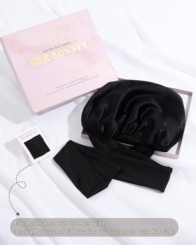 100% Mulberry Silk Bonnet for Sleeping Women Double Layer Silk Hair Bonnet Natural Silk Sleep Cap with Elastic Reversible Hair Wrap (Black)