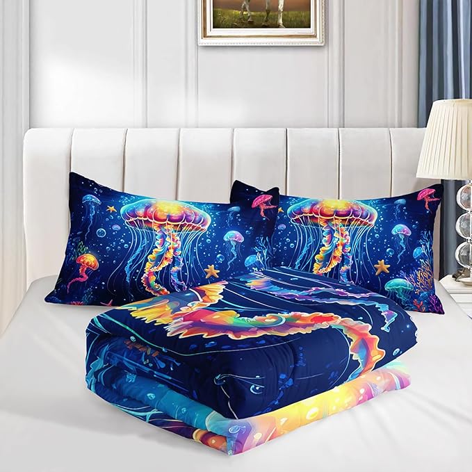 Fantasy Jellyfish Comforter King Bedding Sets for Girls Kids Toddlers,Coral Starfish Ocean Theme Bedroom Decor,Blue Underwater World Bedding Sets with 2 Pillowcases.