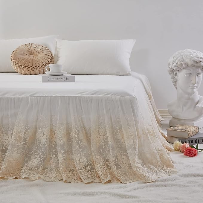 Brandream Lace Bed Skirt Full Size Cream White 18 Inch Drop Romantic Bed Sheets Cover Split Corners