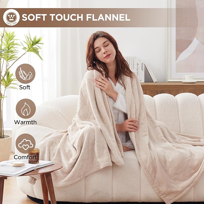Westinghouse Heated Blanket, Electric Throw Blanket with 10 Heating Levels, 12 Hours Auto Off, Overheat Protection, Machine Washable, Flannel (Twin, 62x84 Inches, Beige)