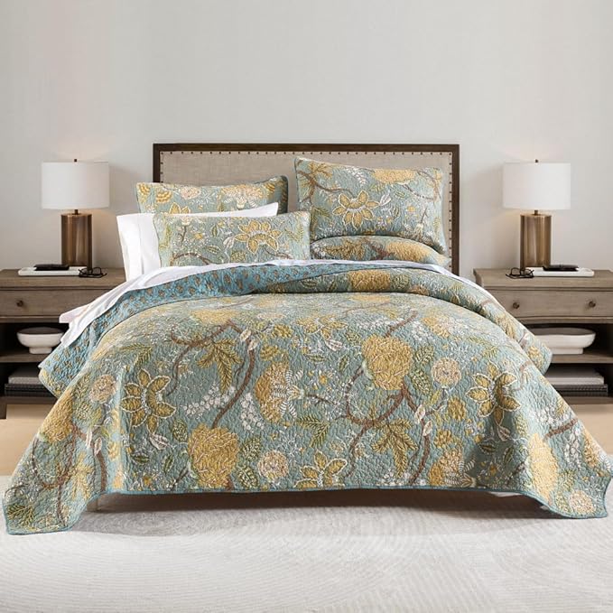 Cotton Bedspread Bedding Coverlet Quilt Sets, Reversible Vintage Branch Floral Bedspread comforters, (Rustic Sage Green Floral Pattern, King Size)