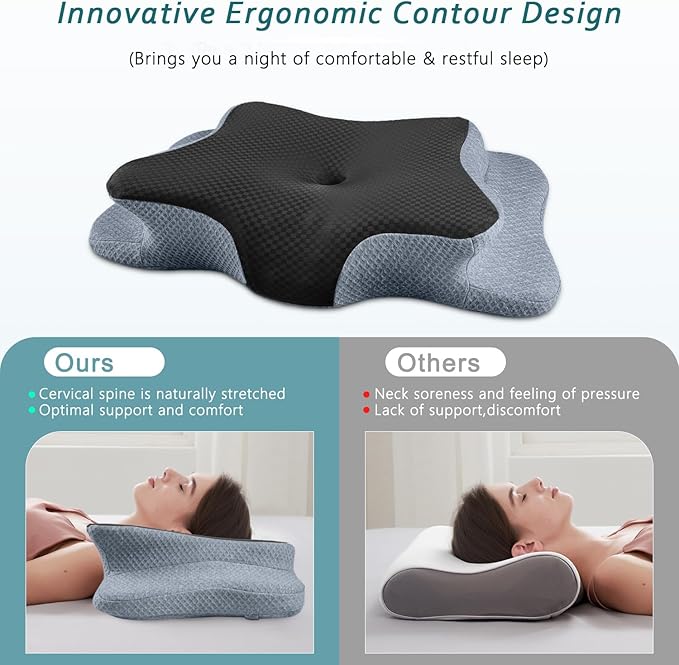 Cervical Neck Pillow for Pain Relief Sleeping, Contour Memory Foam Pillow, Ergonomic Side Sleeper Pillow for Adults, Orthopedic Neck Support Pillow for Back Stomach Sleepers-King Size