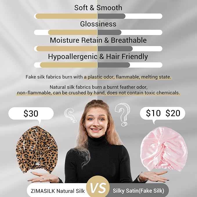 ZIMASILK 22 Momme 100% Mulberry Silk Bonnet for Sleeping & Women Hair Care, Highest Grade 6A Silk Hair wrap for Sleeping with Premium Elastic Stay On Head (1Pc, Leopard Black/Golden)