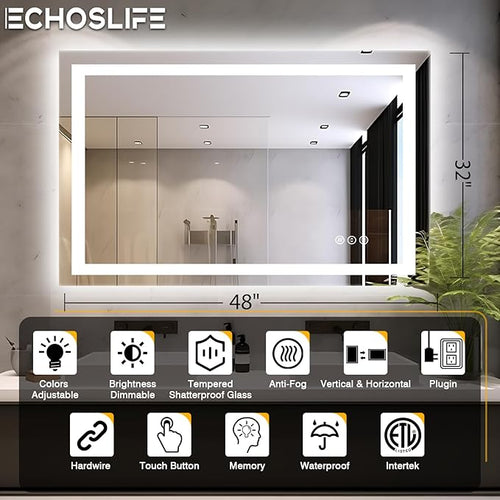 48"x32" LED Bathroom Mirrors for Wall, Front and Backlit Mirror, Anti-Fog Vanity Mirror with Lights, Stepless Dimmable Lighted Mirror, 3 Colors Smart Mirror (Horizontal/Vertical)