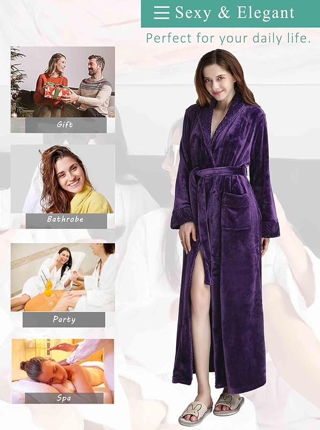 Artfasion Womens Long Fleece Robe - Warm Soft Floor Length Flannel Bathrobes for Winter Thicker Long House Coat with Pockets