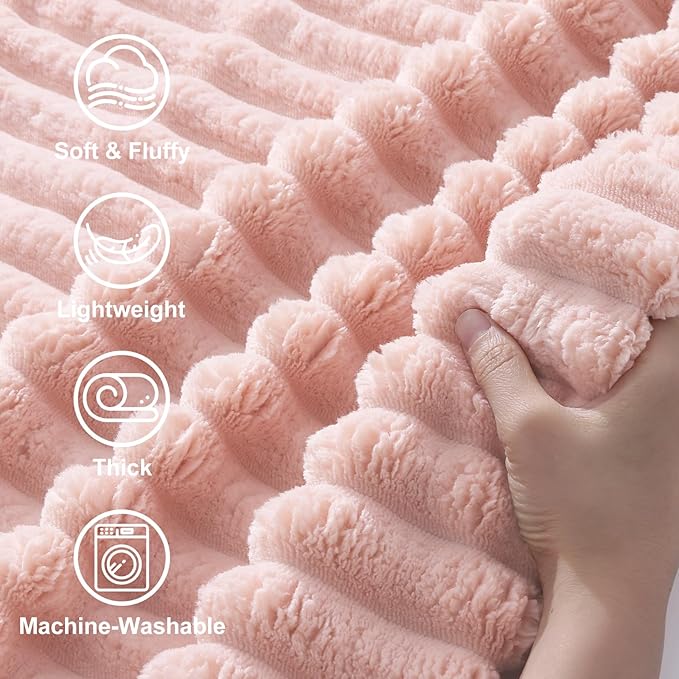 decorUhome Christmas Soft Fleece Pink Twin Blanket for Bed, Cozy Fluffy Plush Flannel Striped Throws for Couch Sofa, Lightweight Decorative Ribbed Fuzzy Blanket for Woman, 60x80 Inches
