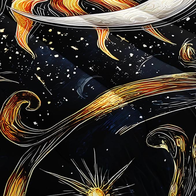 Sun and Moon Bedding Set Full Size,Yellow Galaxy Celestial Bedding for Kids Boys Girls Teens Room Boho Decor,Black and Yellow Fluffy Comforter Sets with 2 Pillowcases.