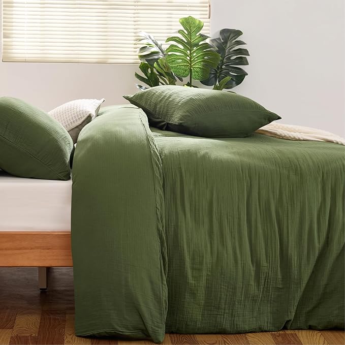 Green Duvet Cover Queen Size, 100% Sandwashed Cotton Soft Queen Duvet Cover Set 3 Pieces with Zipper Clousre & Corner Buttons (Green, Queen 90 x 90)