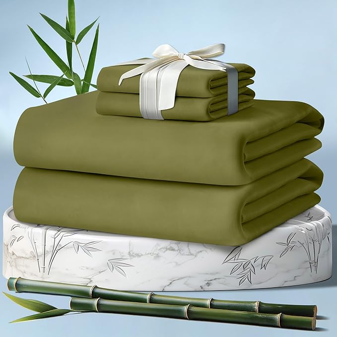DECOLURE 100% Viscose Derived from Bamboo Sheets Full Size 4pcs - Ultra Soft & Luxuriously Cooling, 17" Deep Pocket, Double Stitching, Perfect for Hot Sleepers - Full Bed Sheets (Light Olive)