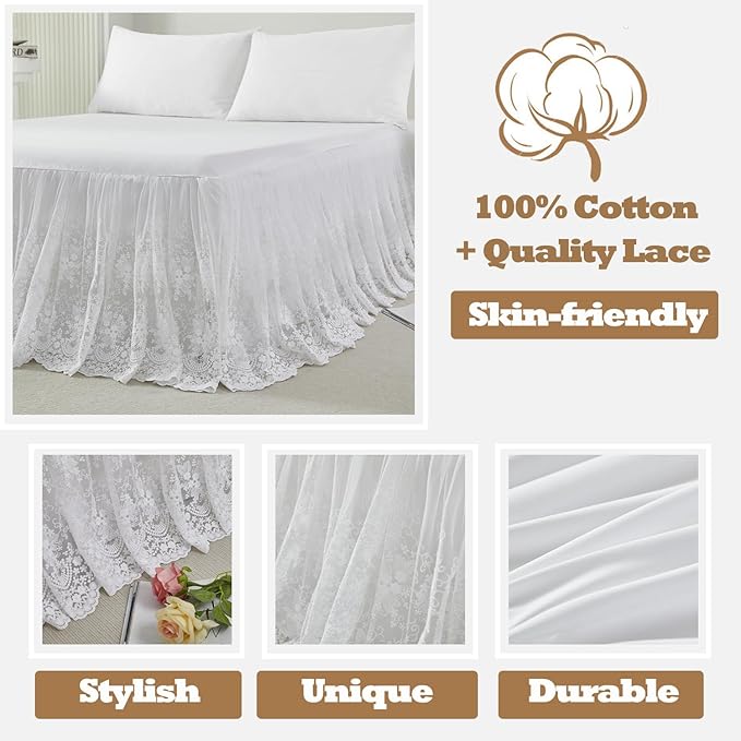 Brandream Lace Bed Skirt Queen Size White 18 Inch Drop Romantic Dust Ruffle Split Corners Bed Sheets Cover Excellent Quality
