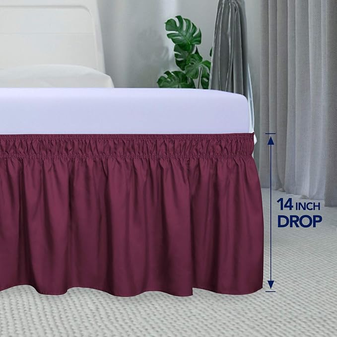 PureFit Wrap Around Ruffled Bed Skirt with Adjustable Elastic Belt - 14 Inch Drop Easy to Put On, Wrinkle Free Bedskirt Dust Ruffles, Bed Frame Cover for Twin,Twin XL and Full Size Beds, Wine