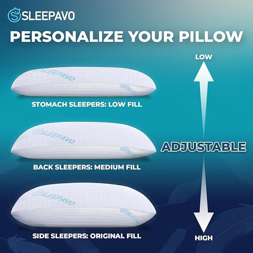Adjustable Shredded Memory Foam Pillow Queen Size - Soft or Firm Rayon Derived from Bamboo Pillow for Side Sleeper, Stomach & Back - Cold Cooling Gel Bed Pillows for Sleeping Comfortable Pillows